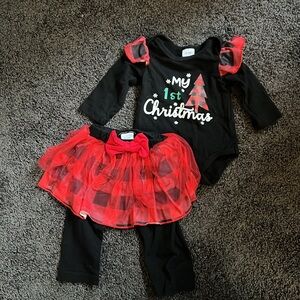 My First Christmas Holiday Baby Onesie Pants Tull Tutu Bow Black Red Tree 0-3m